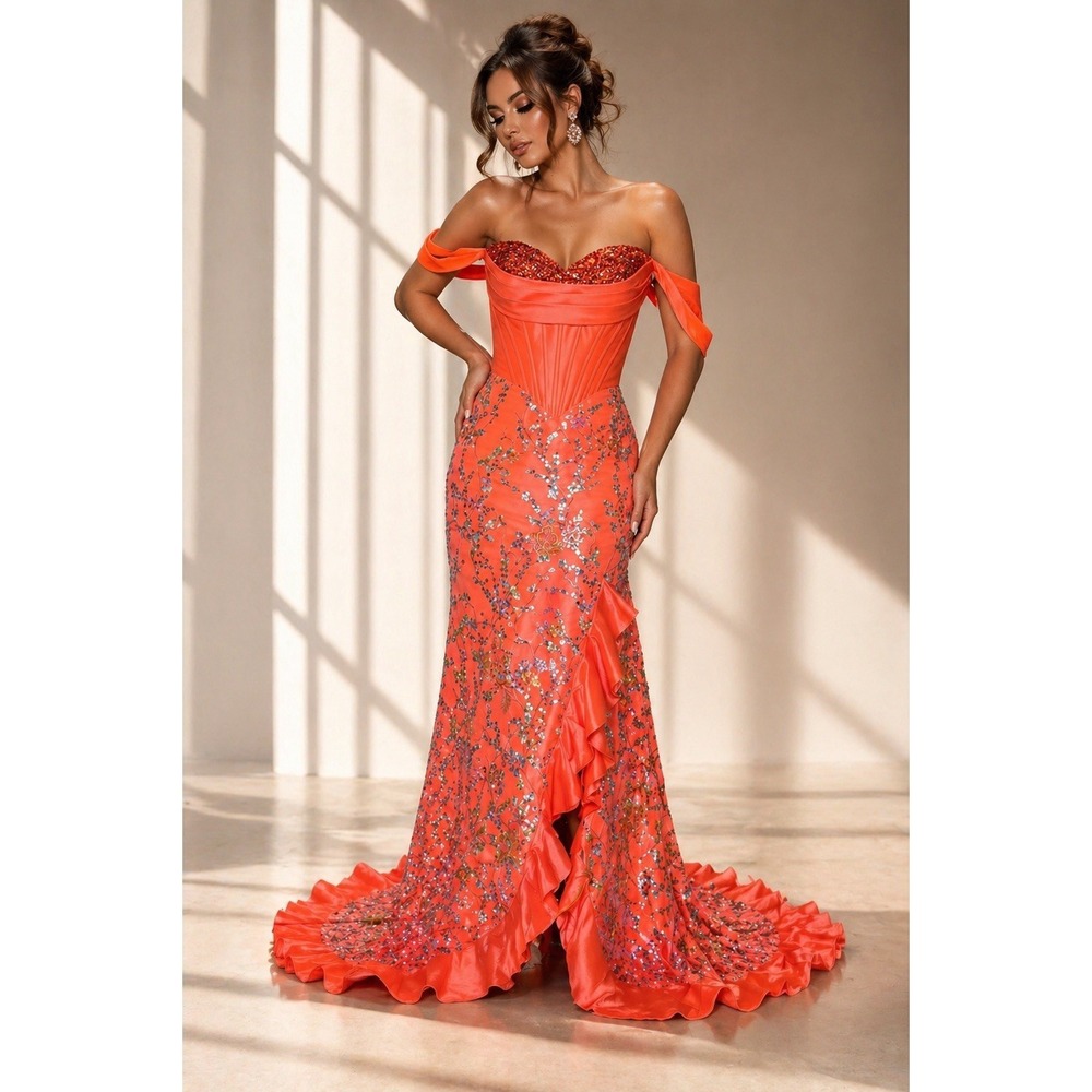 Yubin Guo Custom $650 Couture Coral Beaded‎ Gown 6/8 Mermaid Prom Pageant